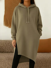Damska, jednokolorowa, wygodna, swobodna, długa, bawełniana bluza z kapturem