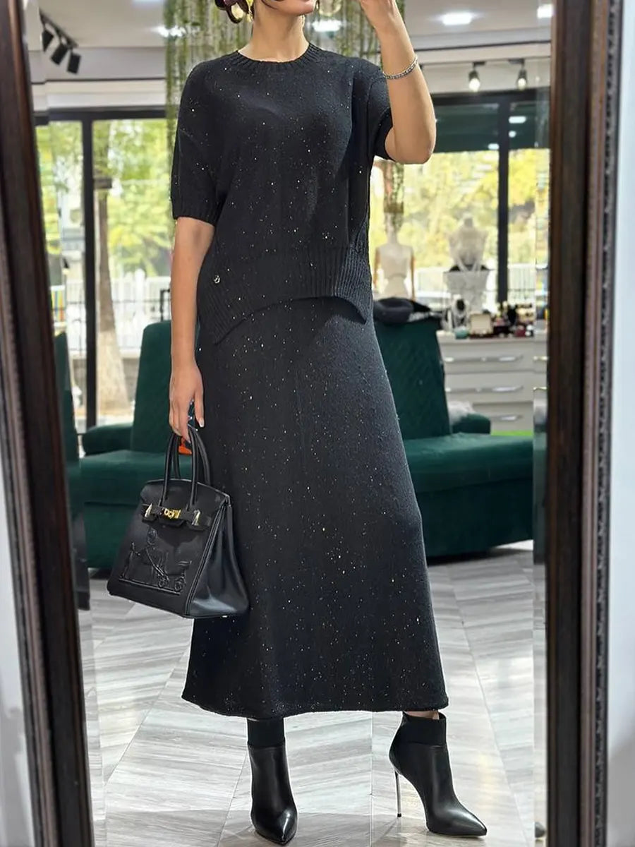 Damski dwuczęściowy zestaw z błyszczącym, dzianinowym topem i spódnicą