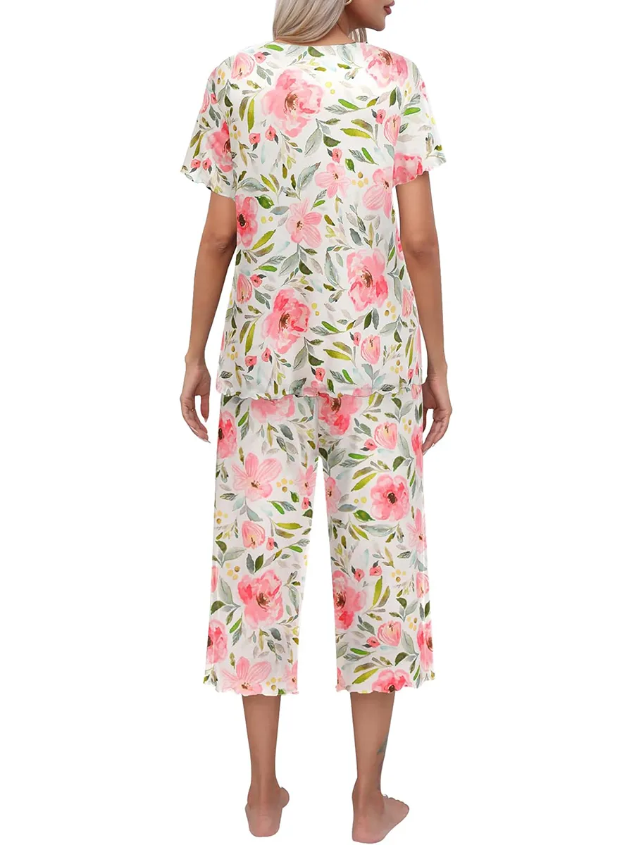 Gorąca sprzedaż damska drukowana top z krótkim rękawem z Capri Pants Lounge &amp; Sutwear Set