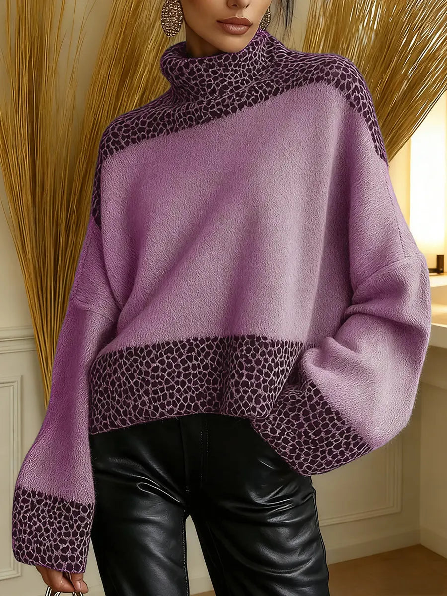 Damska patchworkowa sukienka w panterkę z wysokim dekoltem i długimi rękawami, luźna, dzianinowa sukienka