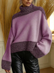 Damska patchworkowa sukienka w panterkę z wysokim dekoltem i długimi rękawami, luźna, dzianinowa sukienka