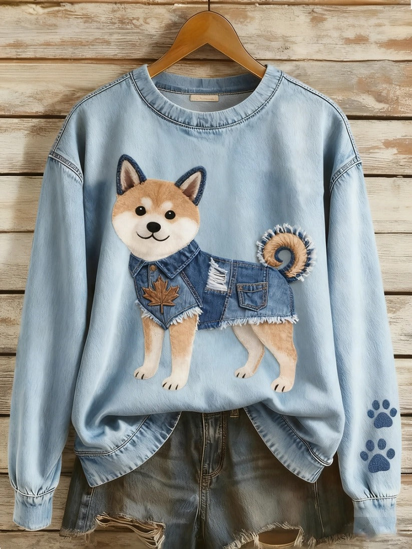 Damska bluza z długim rękawem w stylu retro z denimu, z nadrukiem zwierzęcym, w stylu casual i z łatką