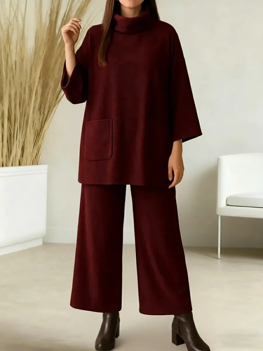 Damski jednokolorowy top z wysokim kołnierzem, długimi rękawami, luźnym krojem, elastyczną talią i szerokimi nogawkami, jesienno-zimowy komplet