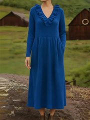 Elegancka sukienka midi z dzianiny w stylu retro z dekoltem w serek i falbankami