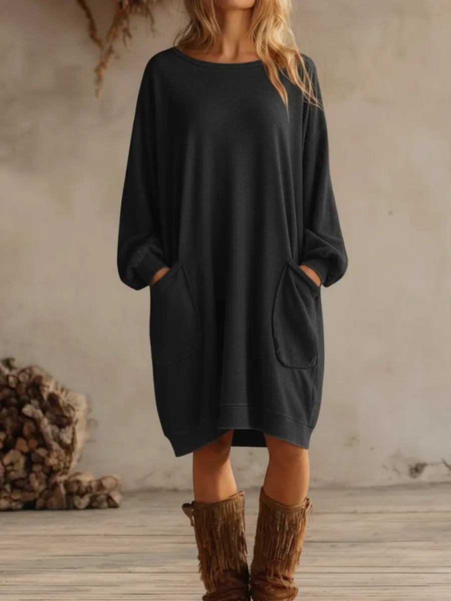 Damska, luźna, bawełniana, długa sukienka dresowa z kieszeniami