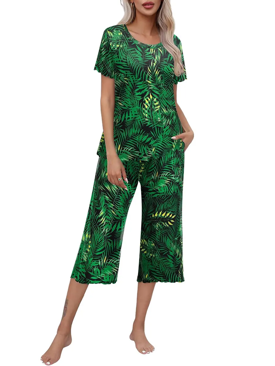 Gorąca sprzedaż damska drukowana top z krótkim rękawem z Capri Pants Lounge &amp; Sutwear Set