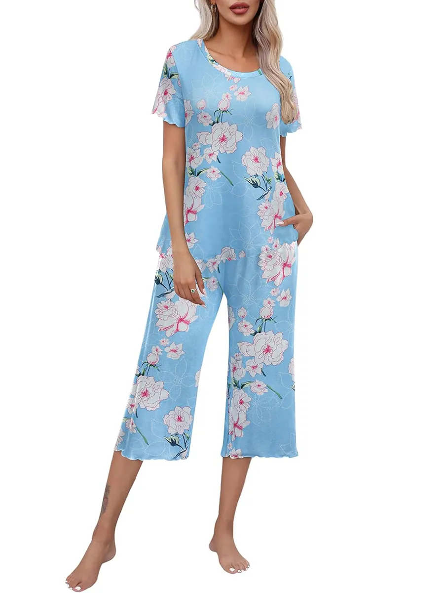 Gorąca sprzedaż damska drukowana top z krótkim rękawem z Capri Pants Lounge &amp; Sutwear Set