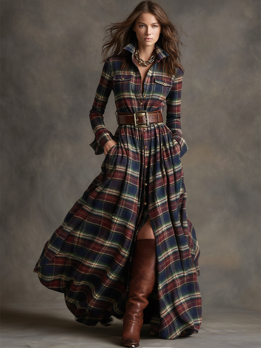 Długa sukienka w kratę w stylu retro z kołnierzykiem w kolorze czerwonobrązowym