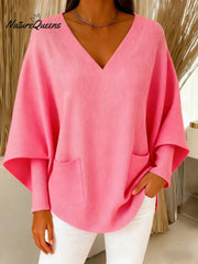 Damski sweter w jednolitym kolorze z dekoltem w serek