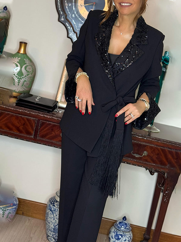 Elegancki dwuczęściowy komplet marynarki i spodni obszytych cekinami