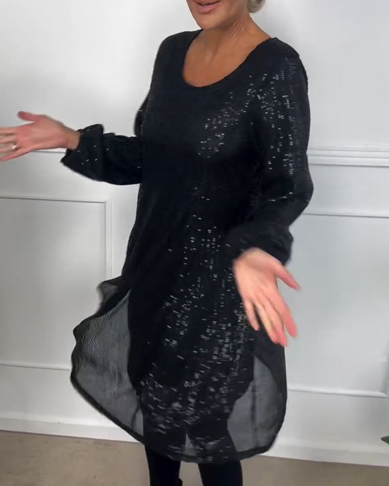 Elegancka sukienka w kształcie litery A z cekinowymi rękawami i rękawami typu lampion