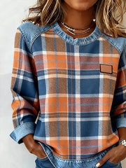 Damska bluza z okrągłym dekoltem, jeansowa, patchworkowa, w kratę, z nadrukiem, casualowa