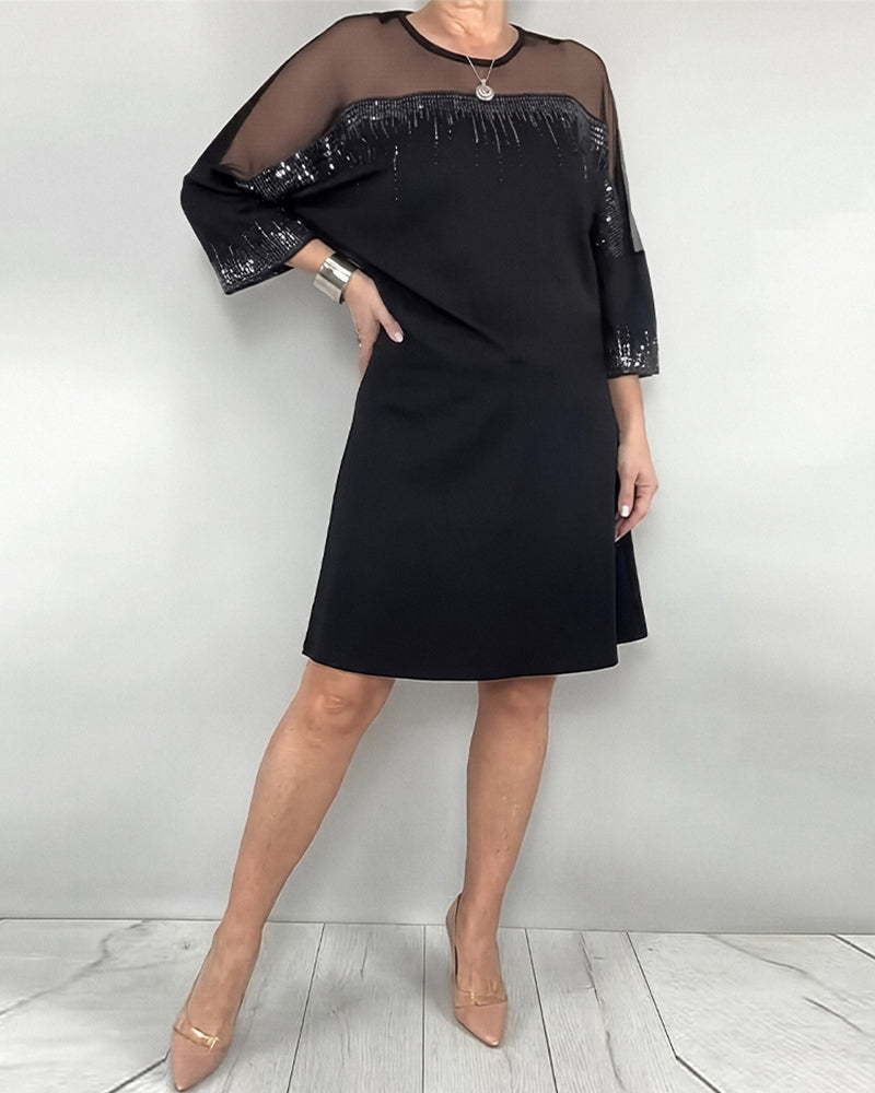 Damska sukienka z koronką i kryształkami, z rękawami o długości 3/4