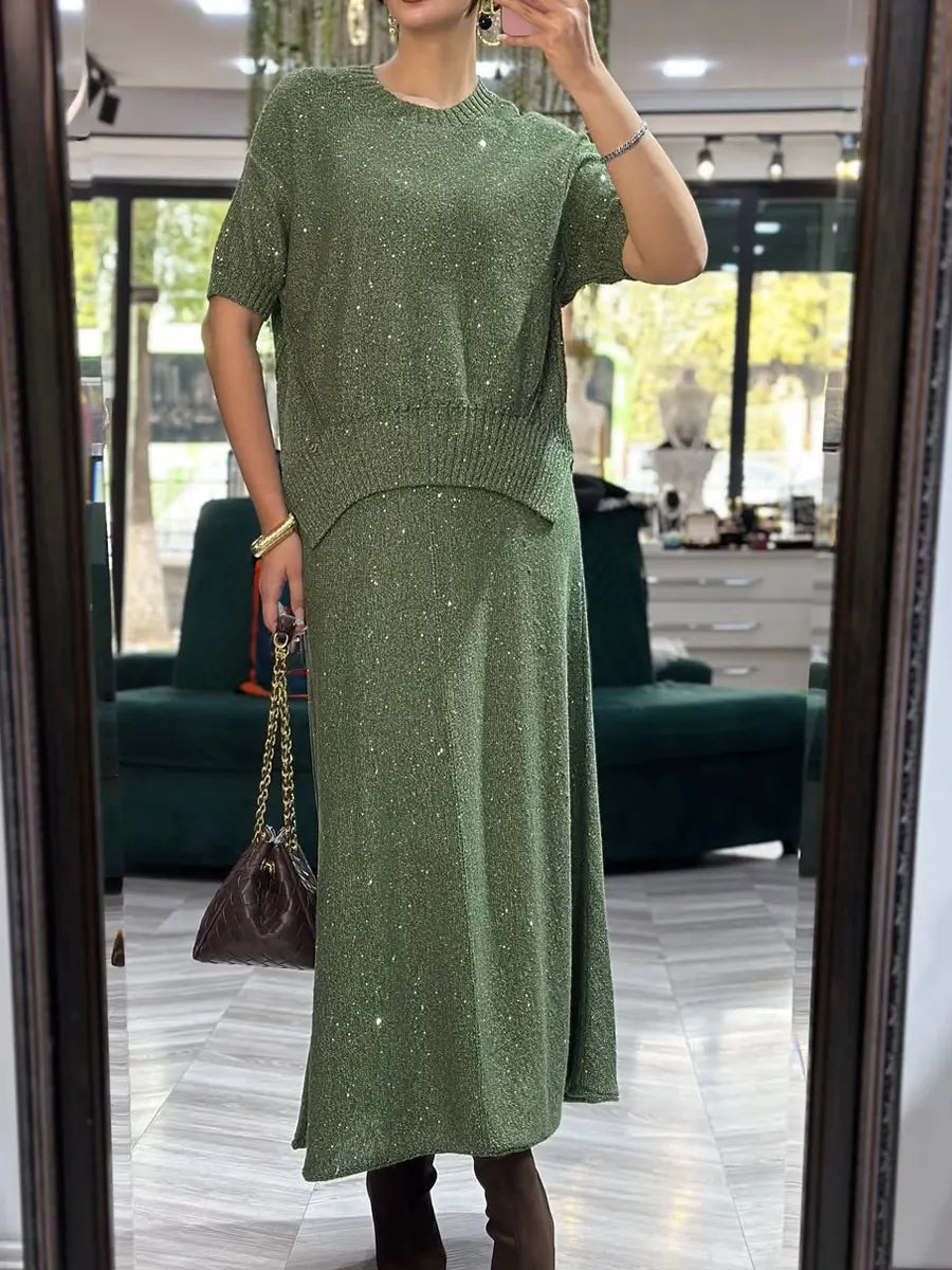 Damski dwuczęściowy zestaw z błyszczącym, dzianinowym topem i spódnicą