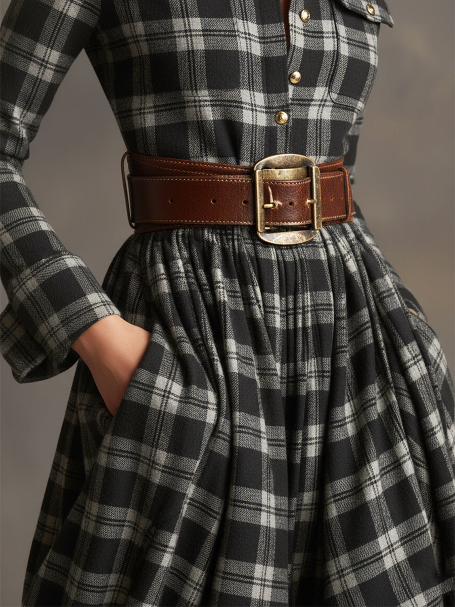 Długa sukienka w kratę w stylu retro z kołnierzykiem w kolorze czerwonobrązowym