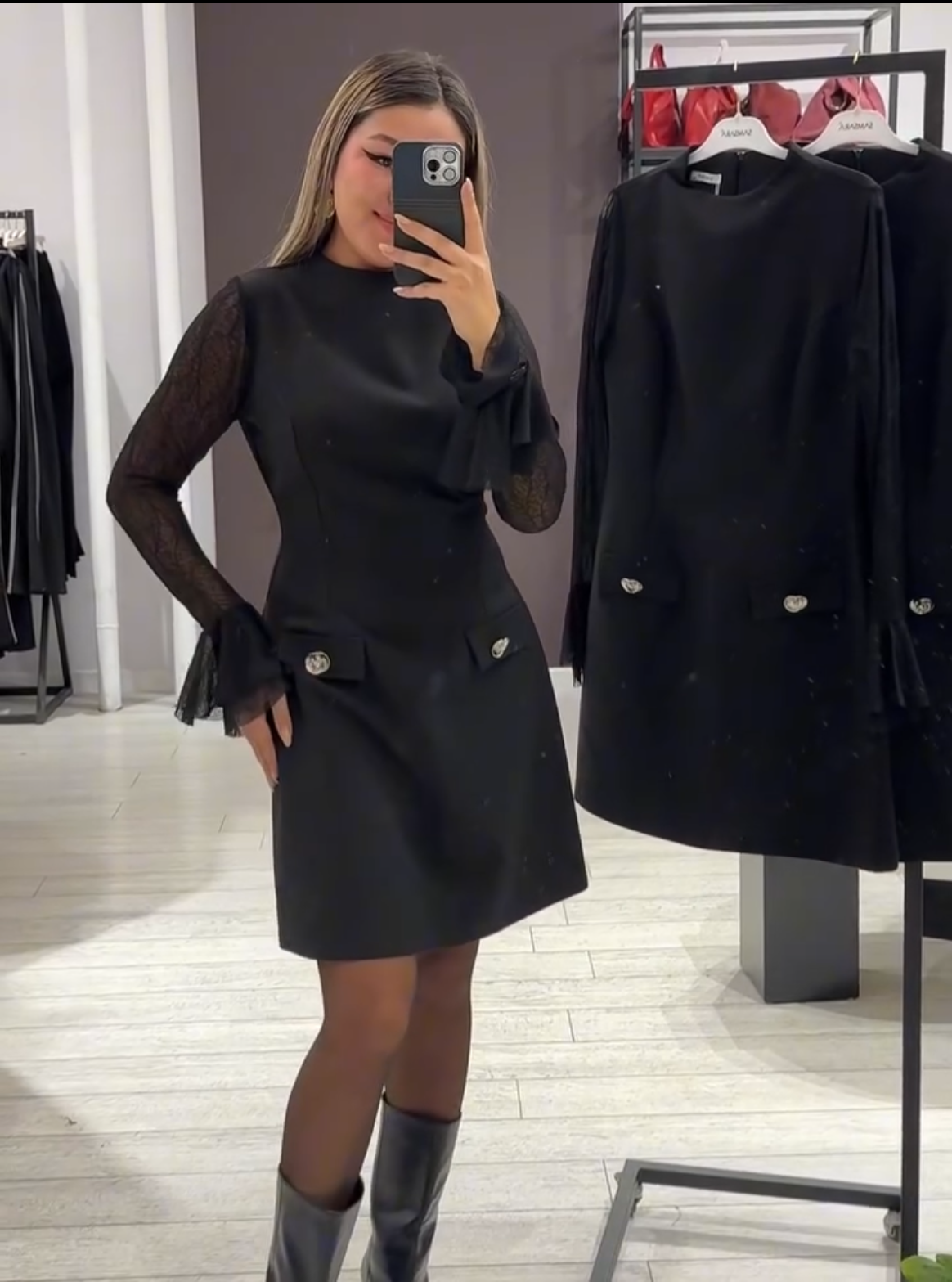 Elegancka sukienka damska z koronkowymi rękawami