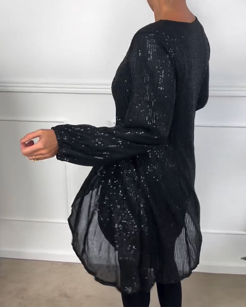 Elegancka sukienka w kształcie litery A z cekinowymi rękawami i rękawami typu lampion