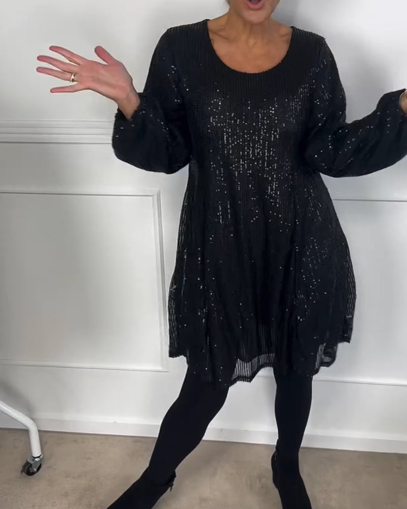 Elegancka sukienka w kształcie litery A z cekinowymi rękawami i rękawami typu lampion