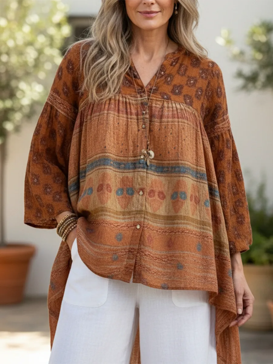 Boho Przytulna bawełniana lniana koszula z nadrukiem w stylu retro