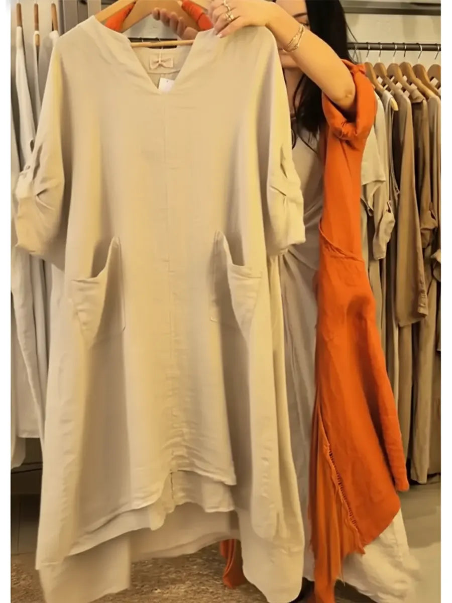 Damska lniana sukienka na co dzień z kieszeniami i dekoltem w kształcie litery V