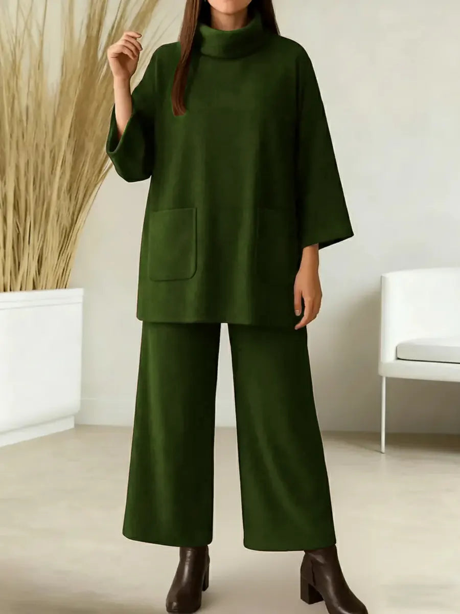 Damski jednokolorowy top z wysokim kołnierzem, długimi rękawami, luźnym krojem, elastyczną talią i szerokimi nogawkami, jesienno-zimowy komplet