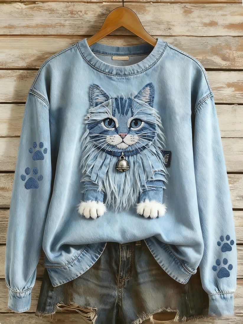 Damska bluza z długim rękawem w stylu retro z denimu, z nadrukiem zwierzęcym, w stylu casual i z łatką