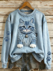 Damska bluza z długim rękawem w stylu retro z denimu, z nadrukiem zwierzęcym, w stylu casual i z łatką