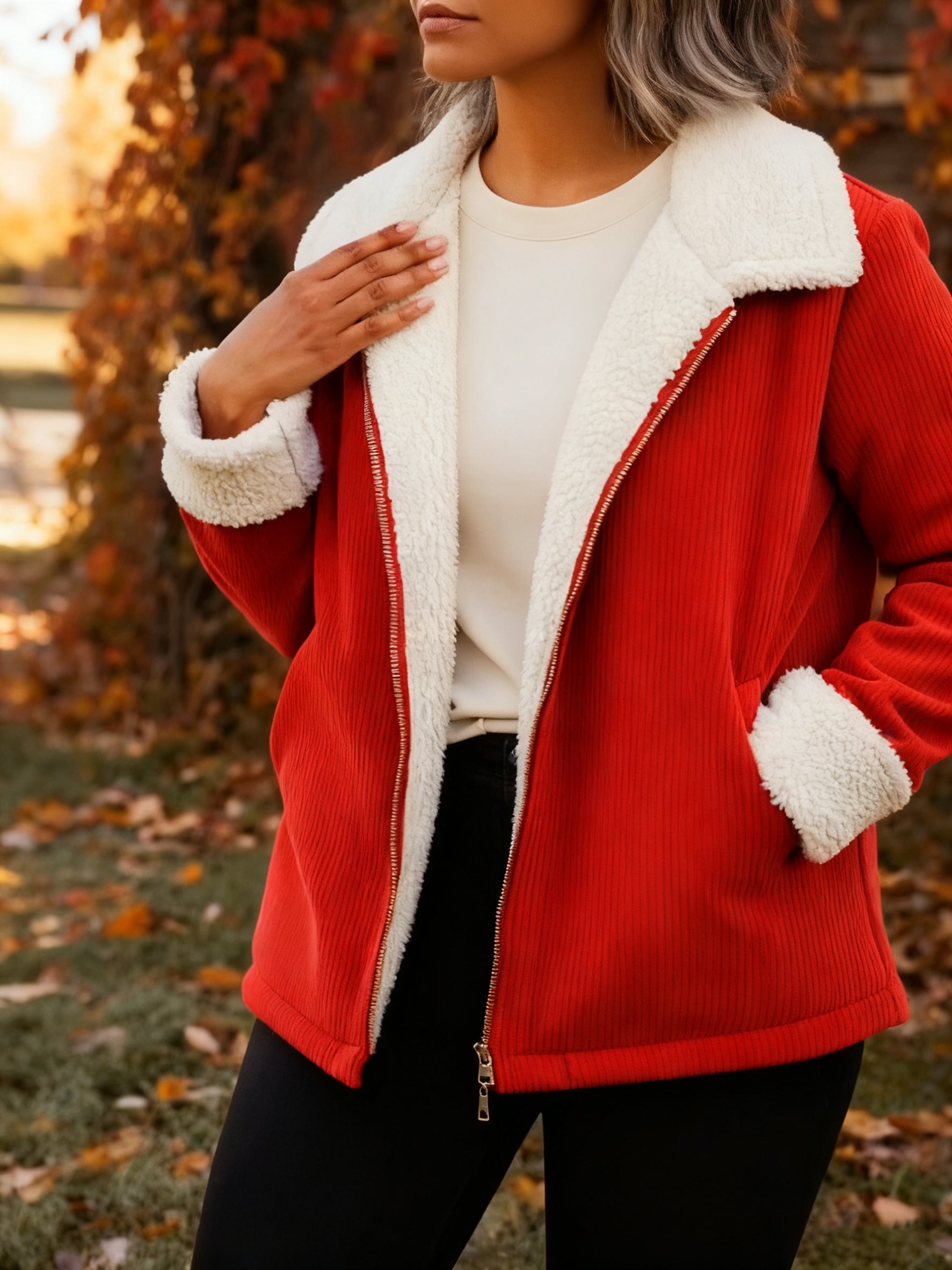 Damski zimowy płaszcz z wełnianego sztruksu