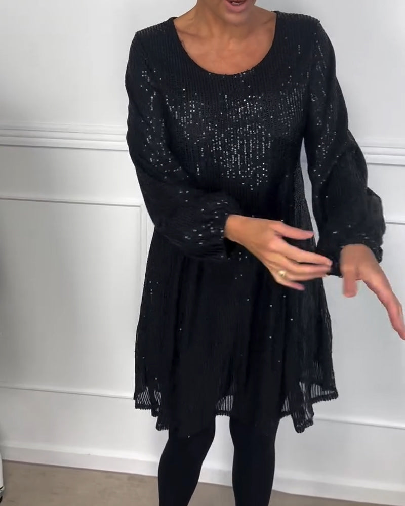 Elegancka sukienka w kształcie litery A z cekinowymi rękawami i rękawami typu lampion