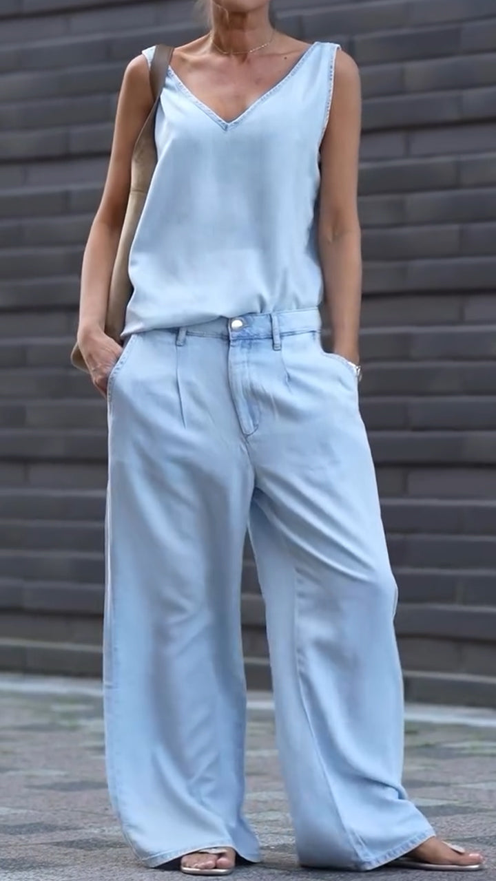 Damski swobodny garnitur z dekoltem w serek i bez rękawów z denimu Tencel