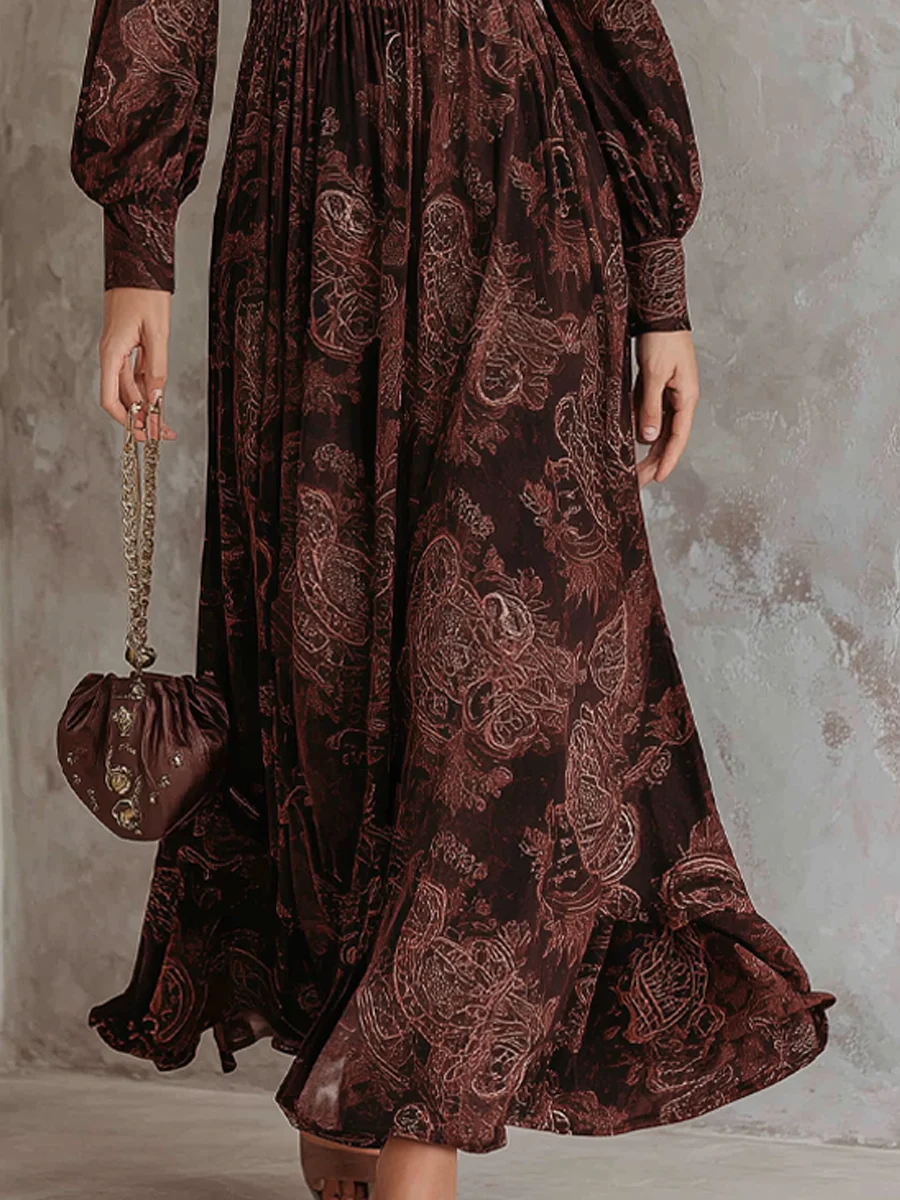 Brązowa sukienka maxi z wzorem paisley i suwakiem w talii