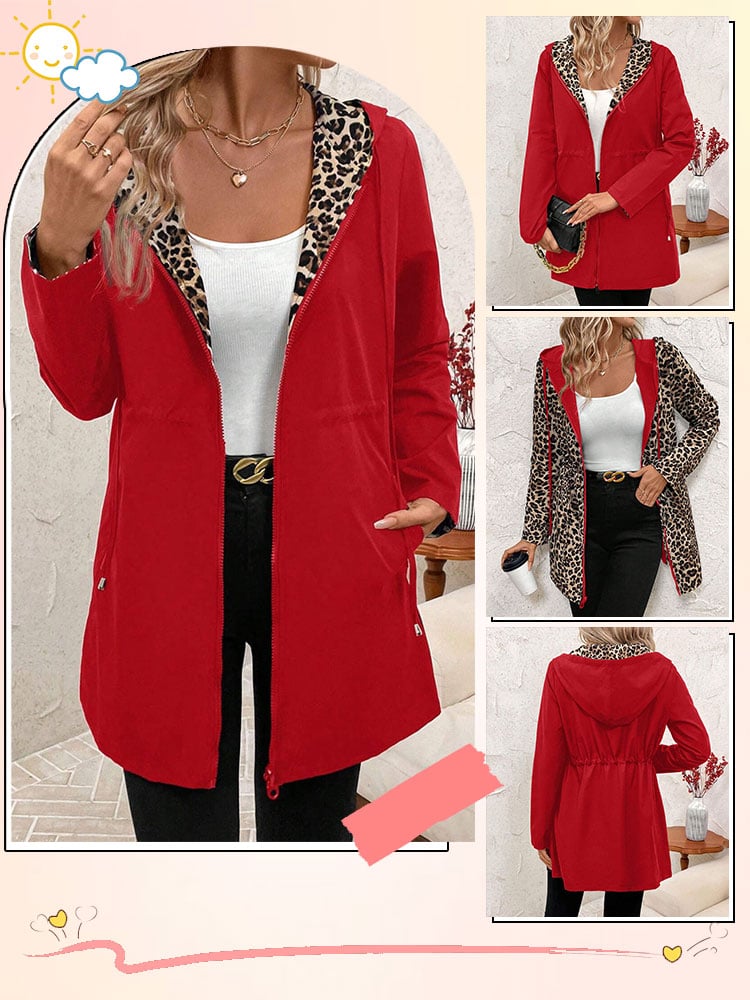 Dwustronny płaszcz z kapturem i nadrukiem w panterkę