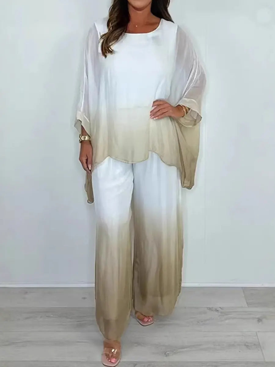 Damski zestaw z okrągłym dekoltem i długim rękawem w gradientowym kolorze, luźnym topem i szerokimi spodniami z wysokim stanem