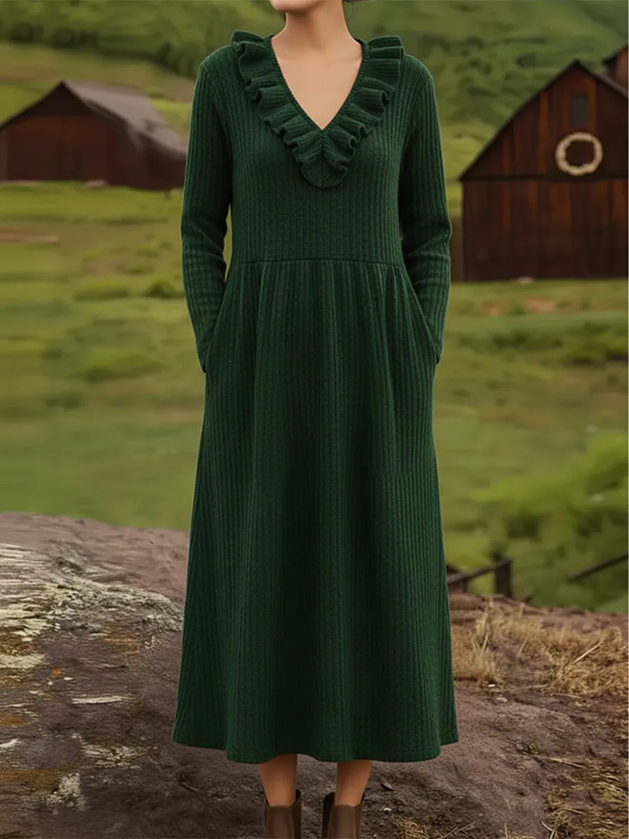 Elegancka sukienka midi z dzianiny w stylu retro z dekoltem w serek i falbankami