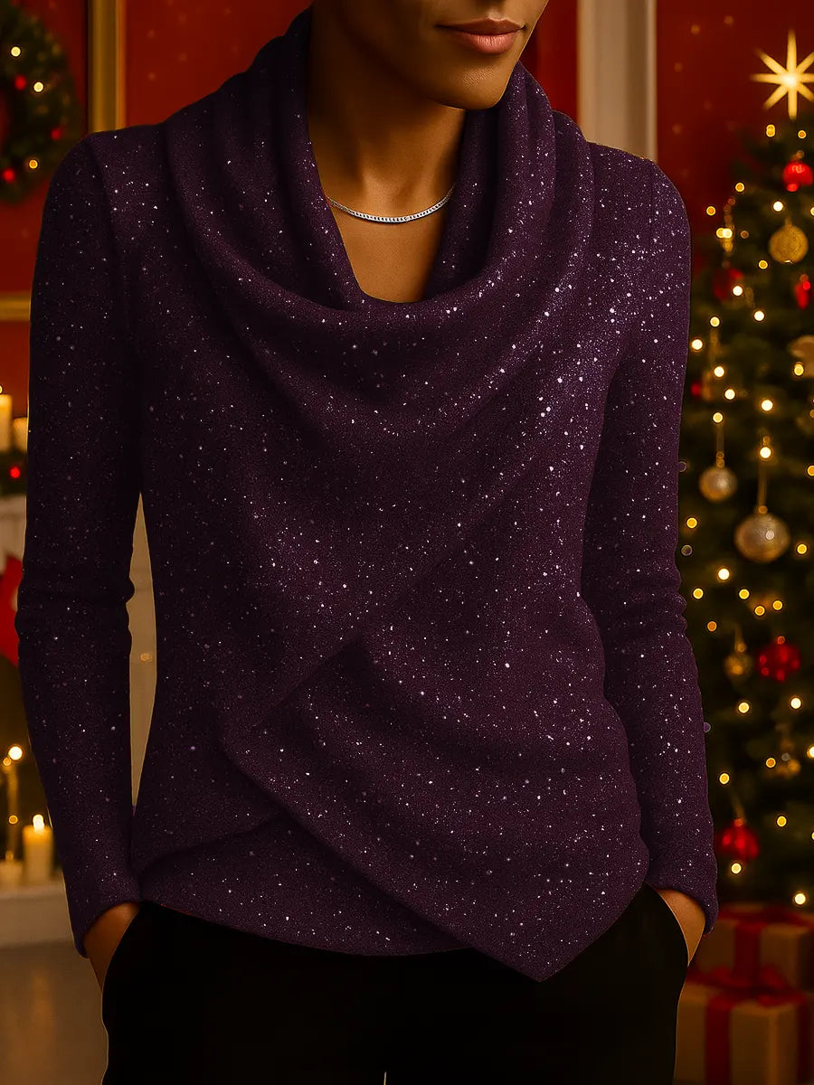 Damski luźny, dzianinowy top z cekinami i długim rękawem, z rozkloszowanym dekoltem