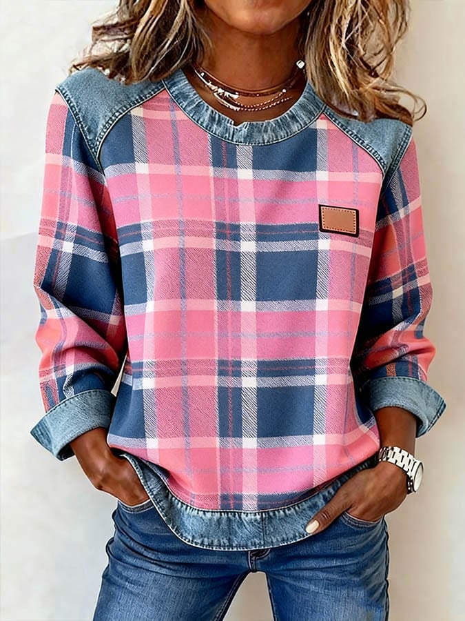 Damska bluza z okrągłym dekoltem, jeansowa, patchworkowa, w kratę, z nadrukiem, casualowa