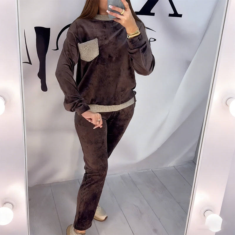 Damski garnitur casualowy z blokami kolorów, okrągłym dekoltem, długim rękawem i wysokim stanem