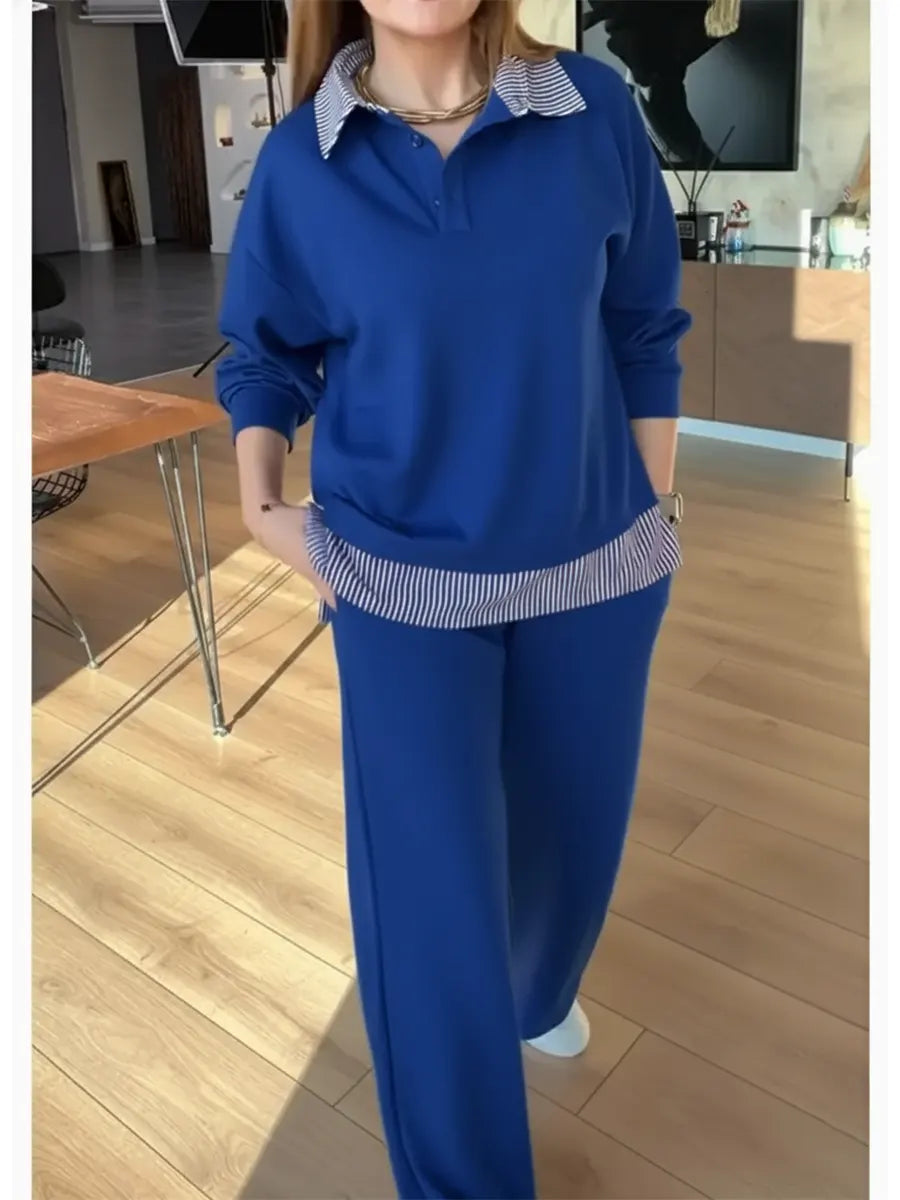 Damski, swobodny, dwuczęściowy komplet z bluzą i spodniami z bawełny w paski i patchwork