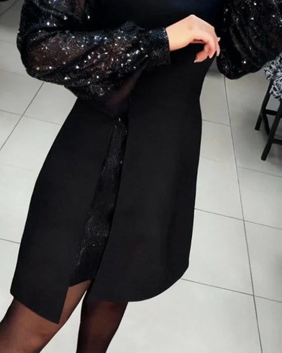 Elegancka sukienka patchworkowa z bufiastymi rękawami