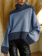 Damska patchworkowa sukienka w panterkę z wysokim dekoltem i długimi rękawami, luźna, dzianinowa sukienka