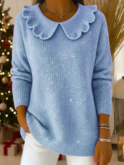 Damski sweter z długim rękawem, jednolitym kolorem i kołnierzykiem Piotruś Pan, luźny i swobodny