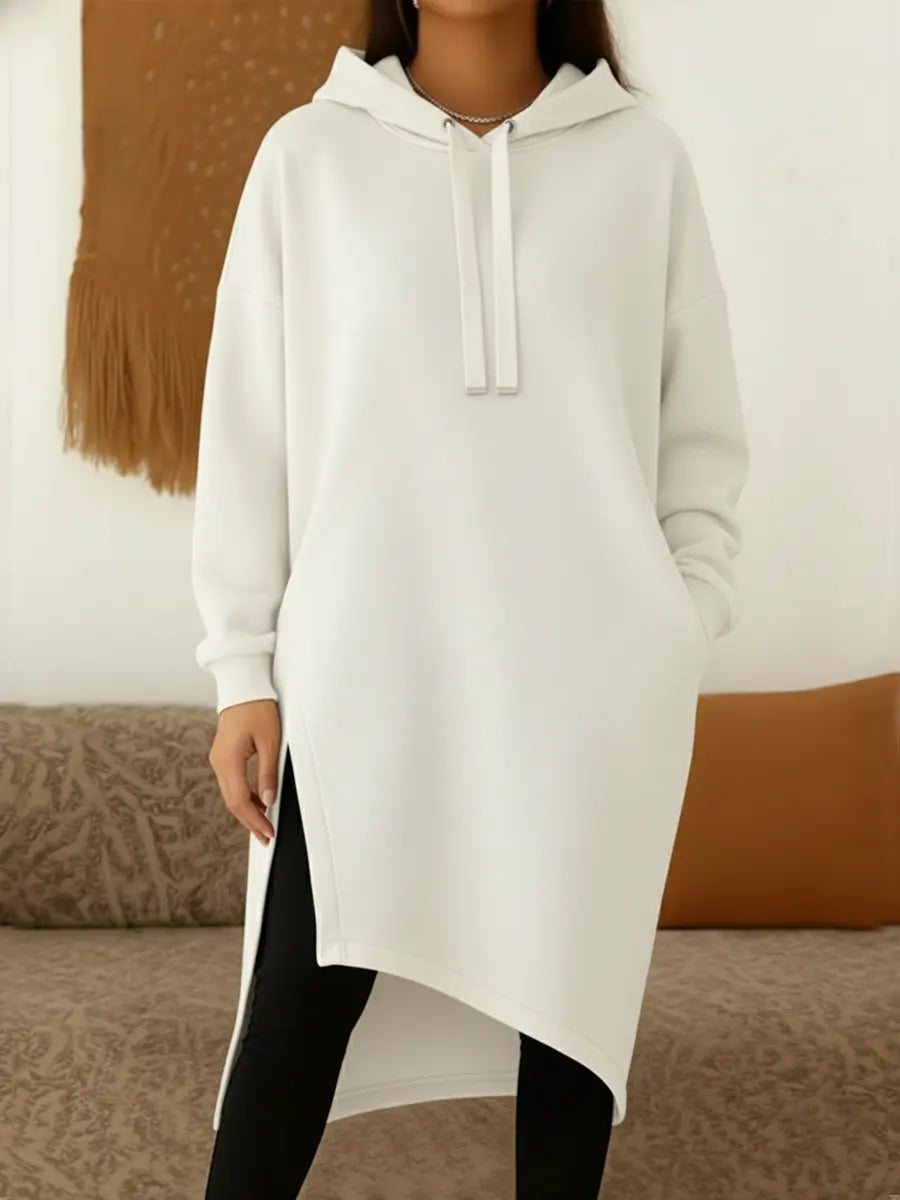 Damska, jednokolorowa, wygodna, swobodna, długa, bawełniana bluza z kapturem