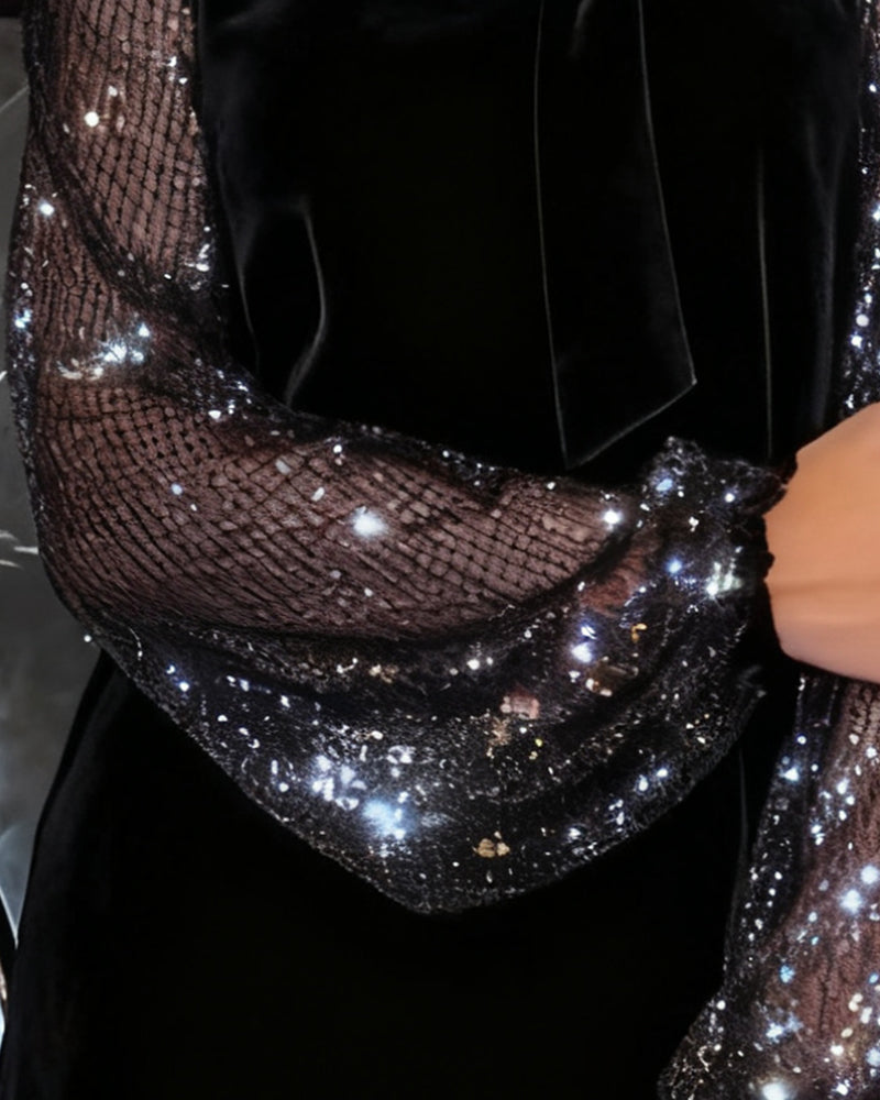 Elegancka sukienka z rękawami typu latarnia i patchworkiem