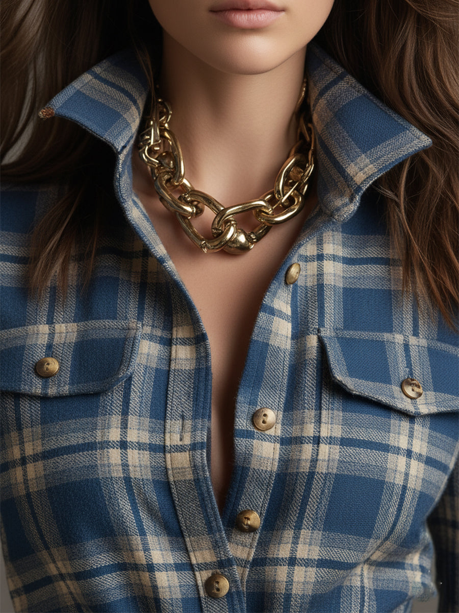 Długa sukienka w kratę w stylu retro z kołnierzykiem w kolorze czerwonobrązowym