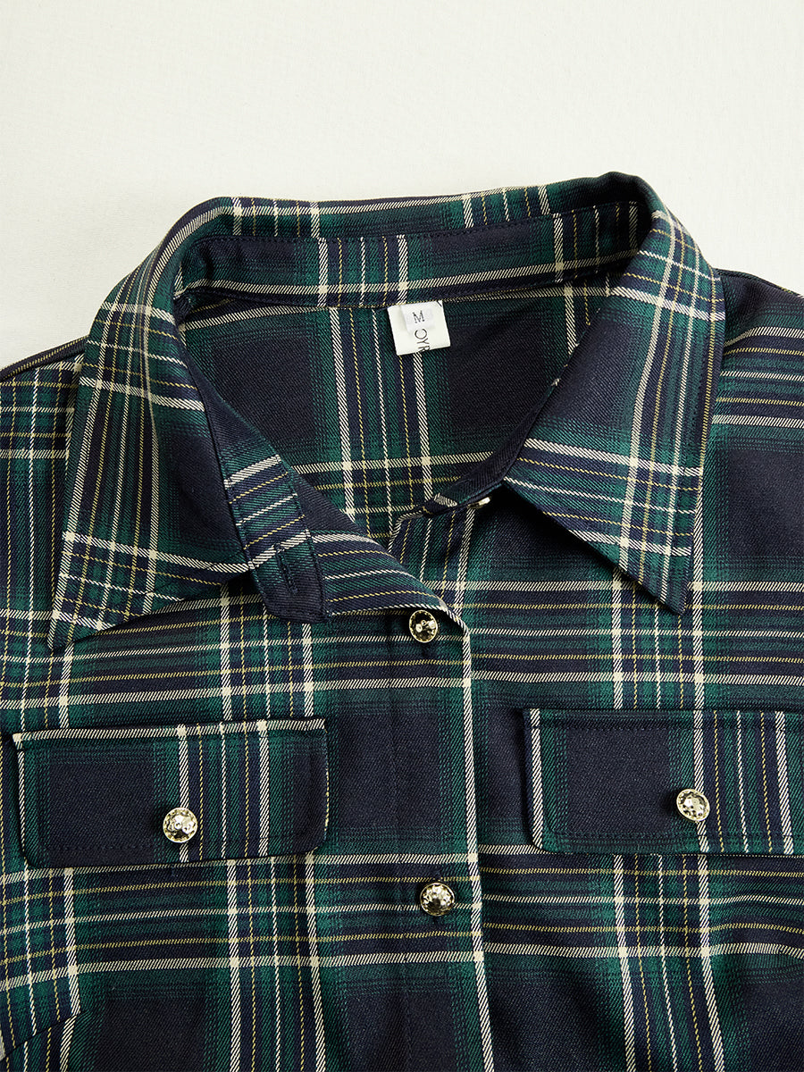 Długa sukienka w kratę w stylu retro z kołnierzykiem w kolorze czerwonobrązowym