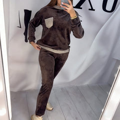 Damski garnitur casualowy z blokami kolorów, okrągłym dekoltem, długim rękawem i wysokim stanem