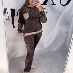 Damski garnitur casualowy z blokami kolorów, okrągłym dekoltem, długim rękawem i wysokim stanem