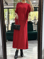 Damski dwuczęściowy zestaw z błyszczącym, dzianinowym topem i spódnicą