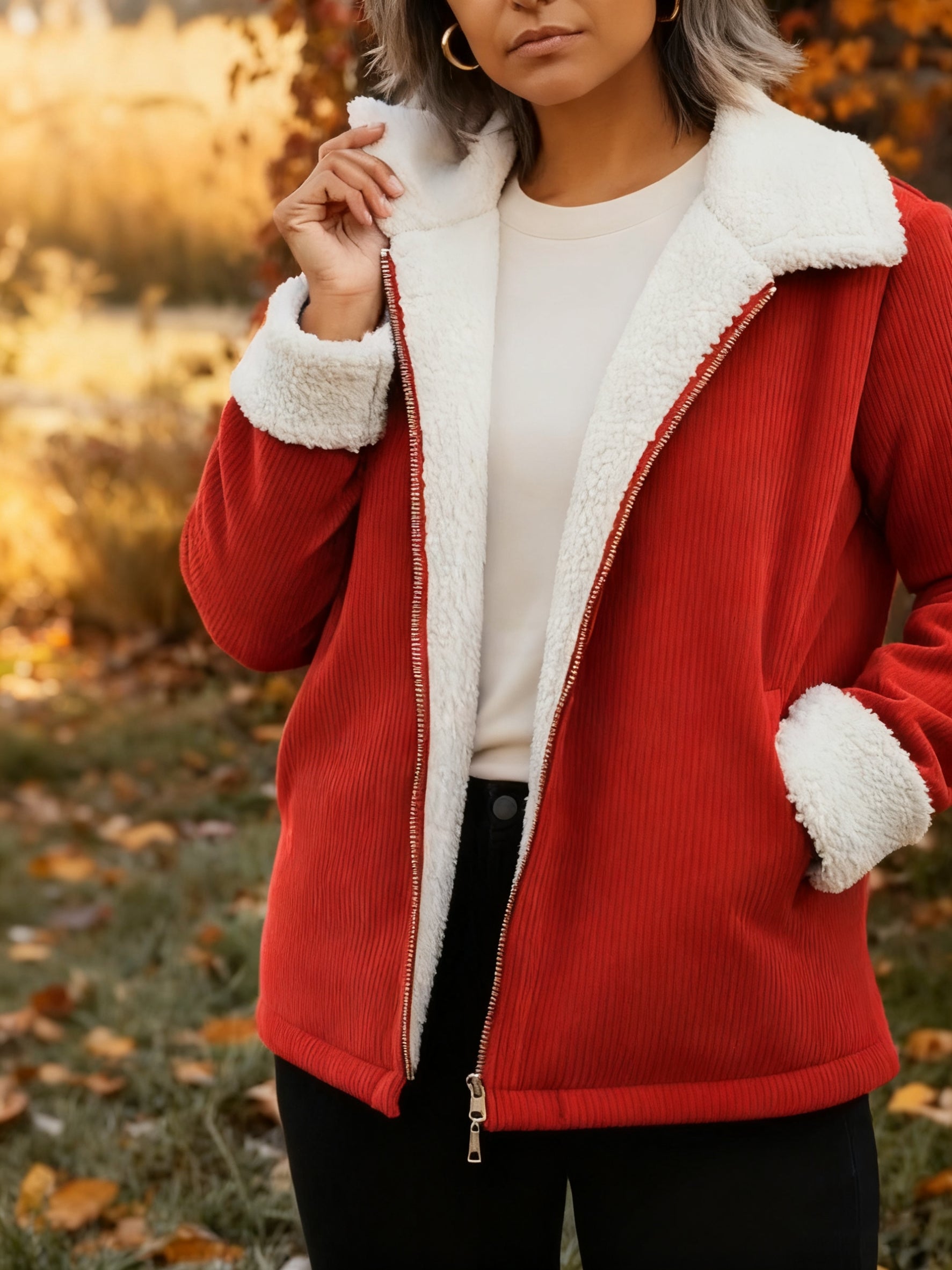 Damski zimowy płaszcz z wełnianego sztruksu