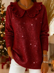 Damski sweter z długim rękawem, jednolitym kolorem i kołnierzykiem Piotruś Pan, luźny i swobodny